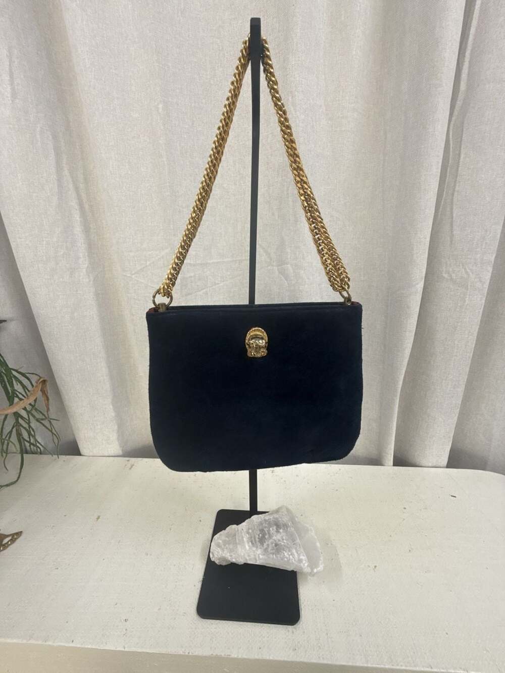1970s Vintage Blue Suede Ruth Saltz Bag Gold Lion & Chain